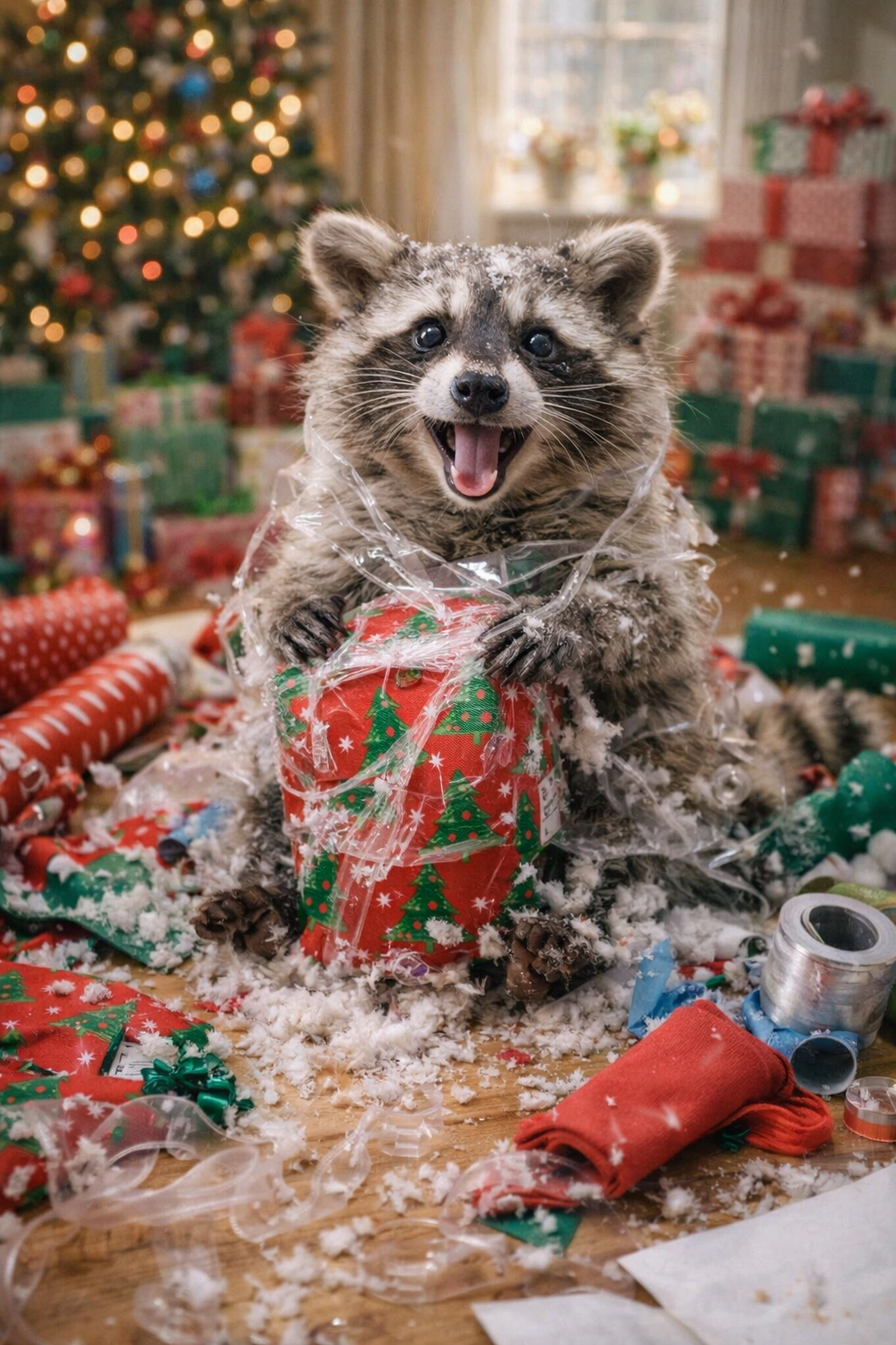 Rascal Raccoon – Gift Wrap Gone Wrong | Funny Printable Art | Holiday Chaos Humor | Instant Download