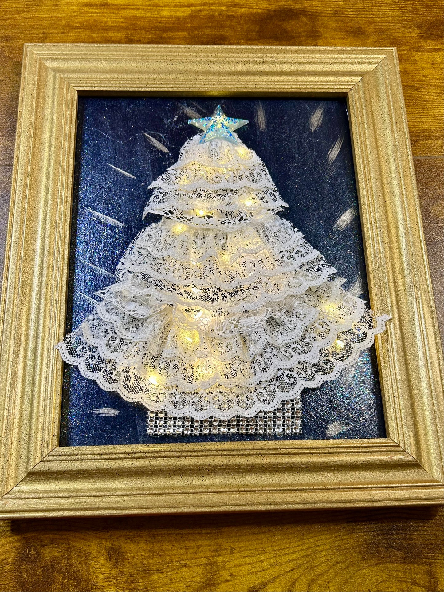 Framed lace Christmas tree with lights