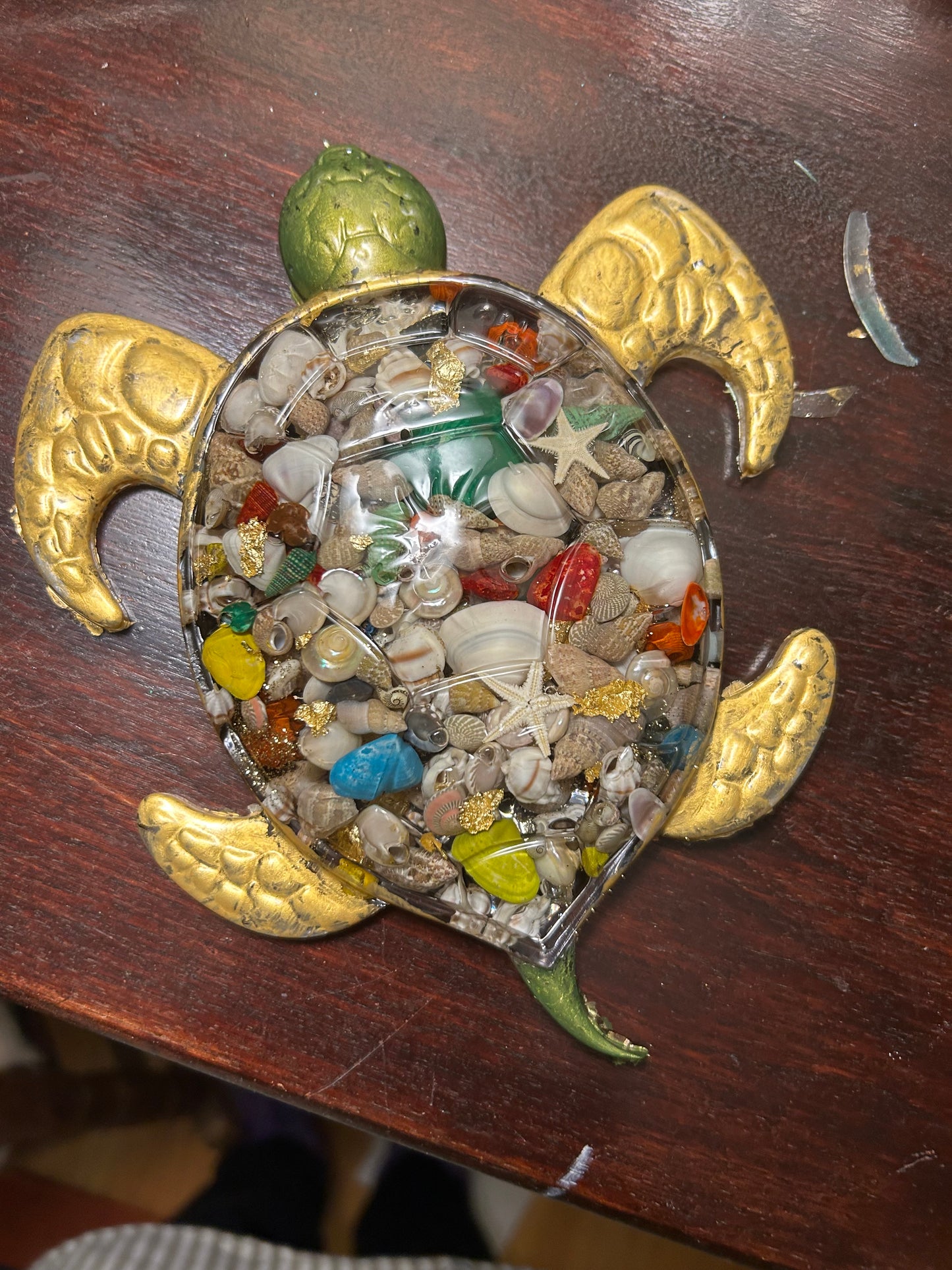 Treasures of the Tide - Sea Turtle Resin Art (shell filled - green/gold)